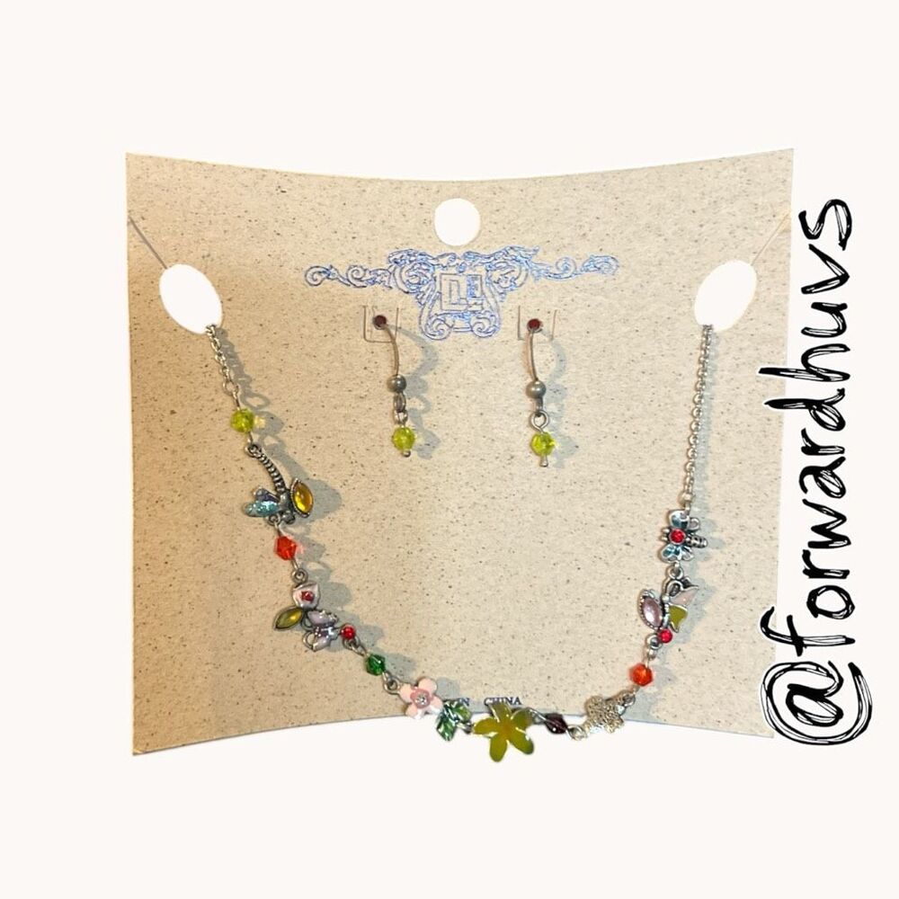 Fairycore Floral Charm Necklace Earrings Set Y2K NOS